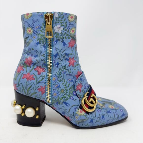 Gucci Marmont Peyton Flora Pearl Web Stripe Boots Size 37 - Picture 7 of 14